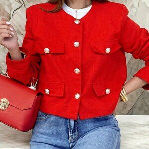 Red Elegant Women's Casual Tweed Jacket Decorated Long Sleeves Coat